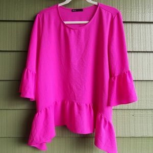 Hot Pink Top w/ Bell Sleeves & Ruffle Trim